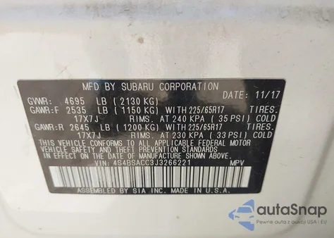 2018 Subaru Outback 2.5I Premium z USA, uszkodzony, nr VIN 4S4BSACC3J3266221